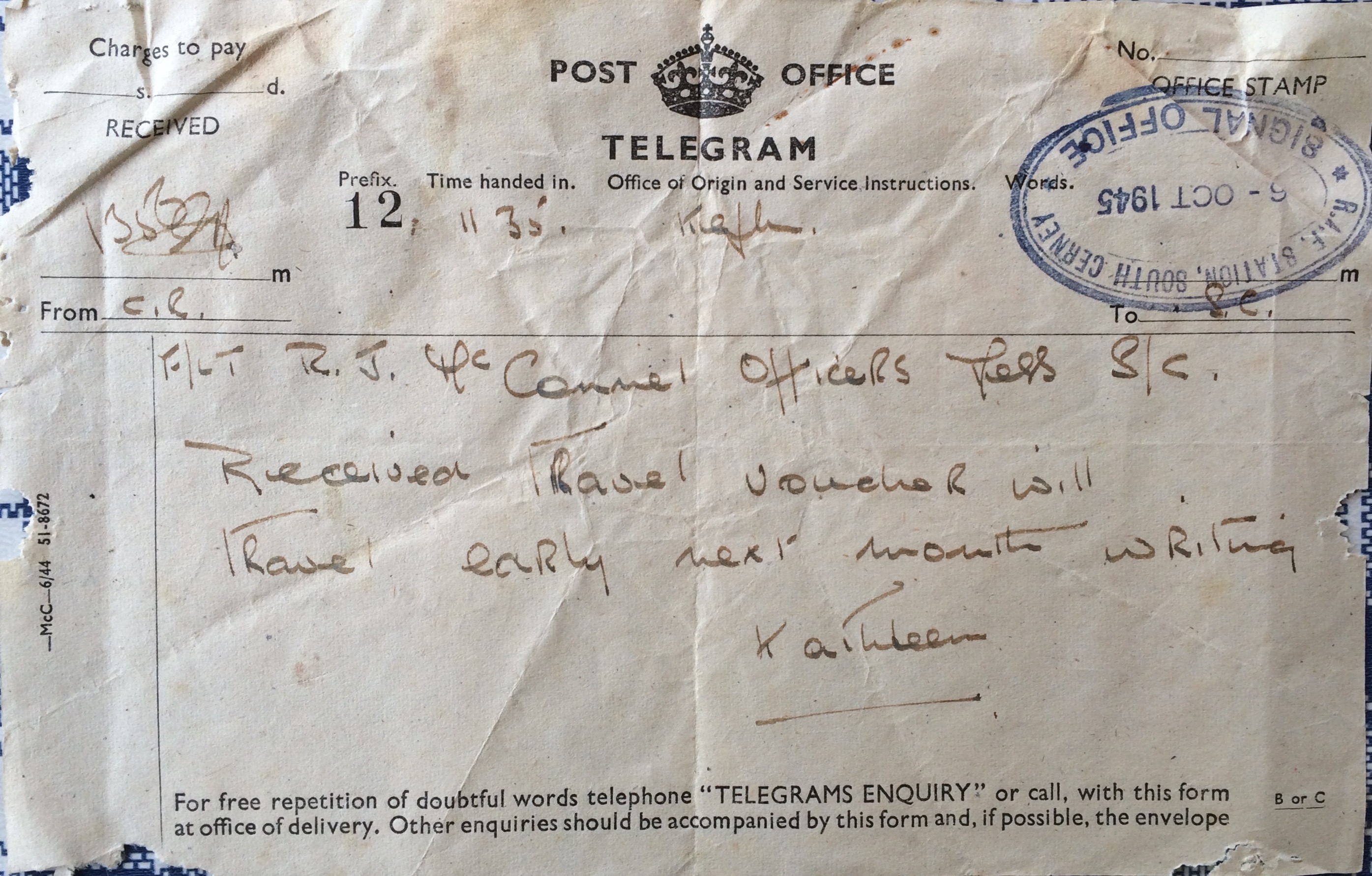 Telegram receipt 6 October 1945